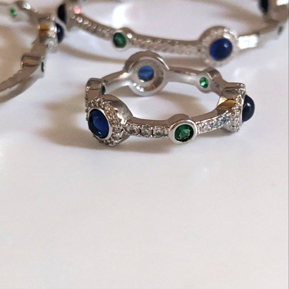 Blue/ Green Gemstone Hoop Earrings, Tennis Bracelet  Ring Matching set S. Silver - Picture 4 of 15